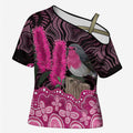 Australia Indigenous Cross Shoulder Shirt Breast Cancer Pink Robin Bottlebrush Aboriginal Art - Aussie Hoodie
