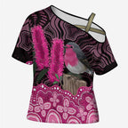 Australia Indigenous Cross Shoulder Shirt Breast Cancer Pink Robin Bottlebrush Aboriginal Art - Aussie Hoodie