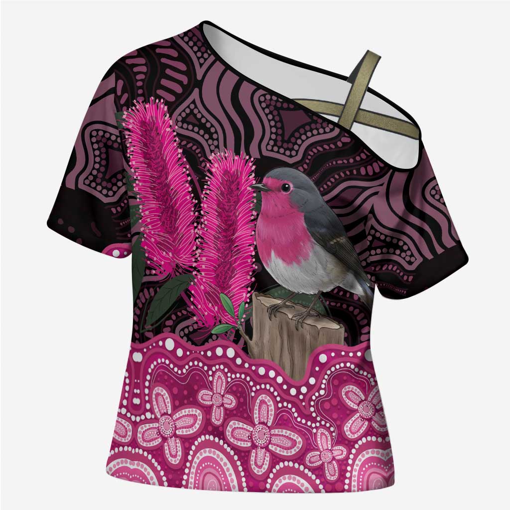 Australia Indigenous Cross Shoulder Shirt Breast Cancer Pink Robin Bottlebrush Aboriginal Art - Aussie Hoodie
