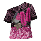 Australia Indigenous Cross Shoulder Shirt Breast Cancer Pink Robin Bottlebrush Aboriginal Art - Aussie Hoodie