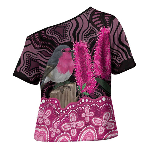 Australia Indigenous Cross Shoulder Shirt Breast Cancer Pink Robin Bottlebrush Aboriginal Art - Aussie Hoodie