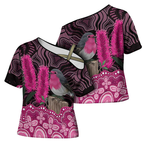 Australia Indigenous Cross Shoulder Shirt Breast Cancer Pink Robin Bottlebrush Aboriginal Art - Aussie Hoodie