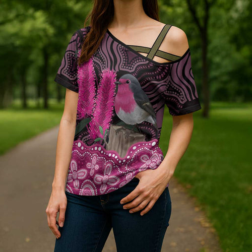 Australia Indigenous Cross Shoulder Shirt Breast Cancer Pink Robin Bottlebrush Aboriginal Art - Aussie Hoodie