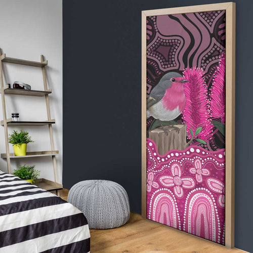Australia Indigenous Door Cover Breast Cancer Pink Robin Bottlebrush Aboriginal Art - Aussie Hoodie