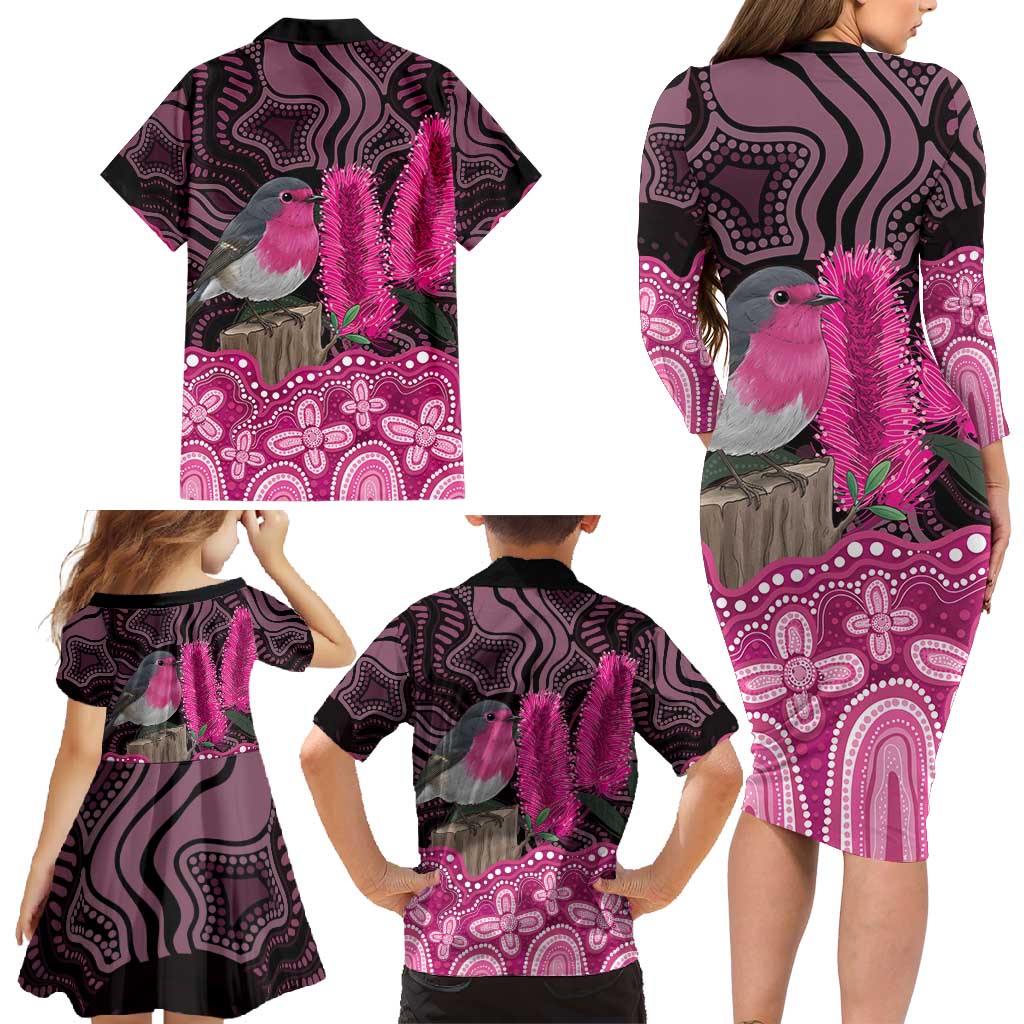 Australia Indigenous Family Matching Long Sleeve Bodycon Dress and Hawaiian Shirt Breast Cancer Pink Robin Bottlebrush Aboriginal Art - Aussie Hoodie