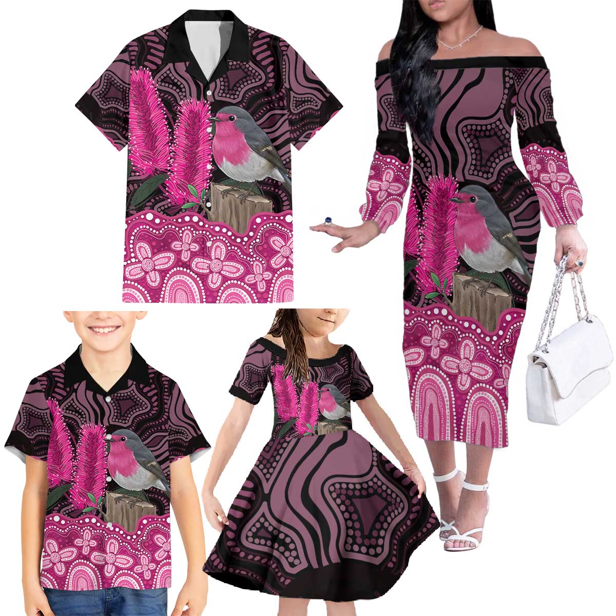 Australia Indigenous Family Matching Off The Shoulder Long Sleeve Dress and Hawaiian Shirt Breast Cancer Pink Robin Bottlebrush Aboriginal Art - Aussie Hoodie