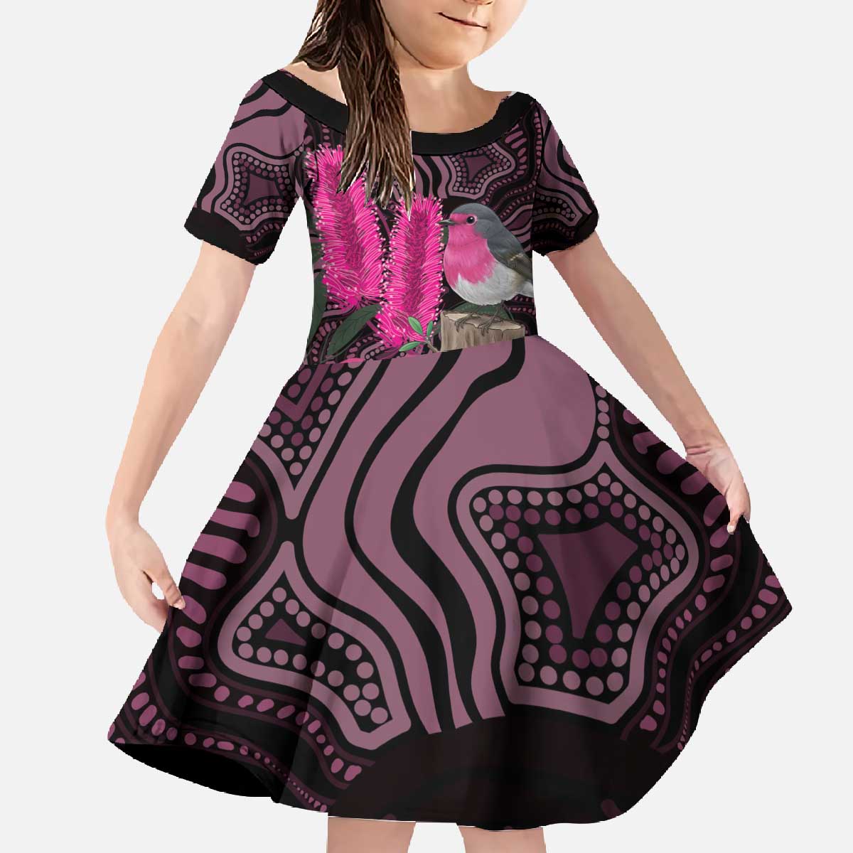 Australia Indigenous Family Matching Off The Shoulder Long Sleeve Dress and Hawaiian Shirt Breast Cancer Pink Robin Bottlebrush Aboriginal Art - Aussie Hoodie