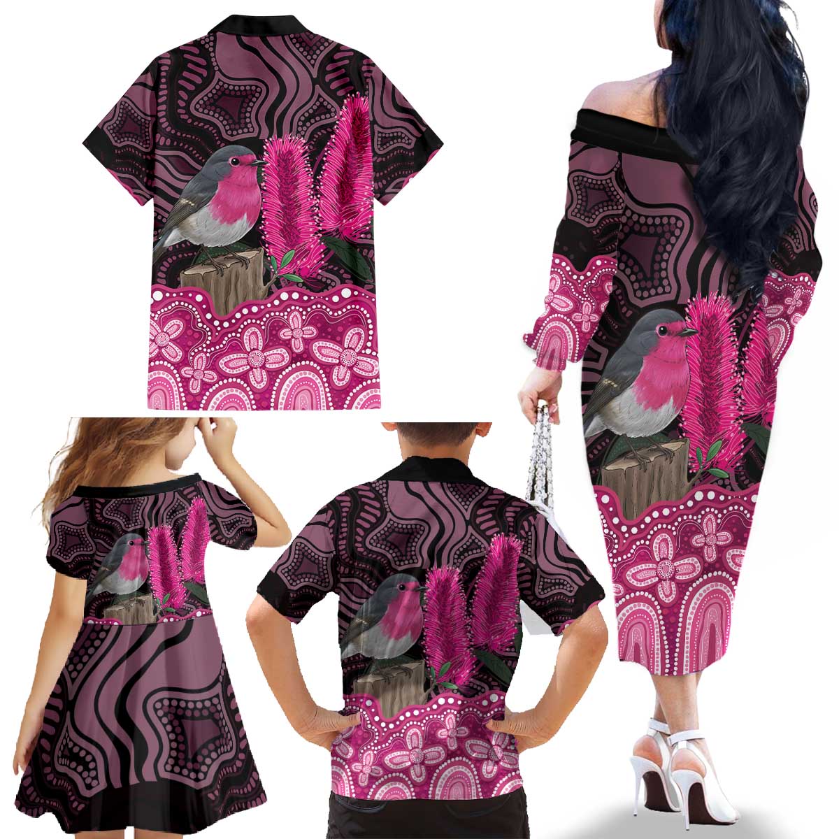 Australia Indigenous Family Matching Off The Shoulder Long Sleeve Dress and Hawaiian Shirt Breast Cancer Pink Robin Bottlebrush Aboriginal Art - Aussie Hoodie