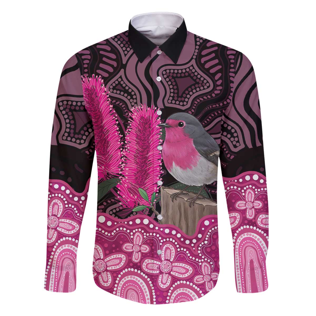 Australia Indigenous Family Matching Off The Shoulder Long Sleeve Dress and Hawaiian Shirt Breast Cancer Pink Robin Bottlebrush Aboriginal Art - Aussie Hoodie