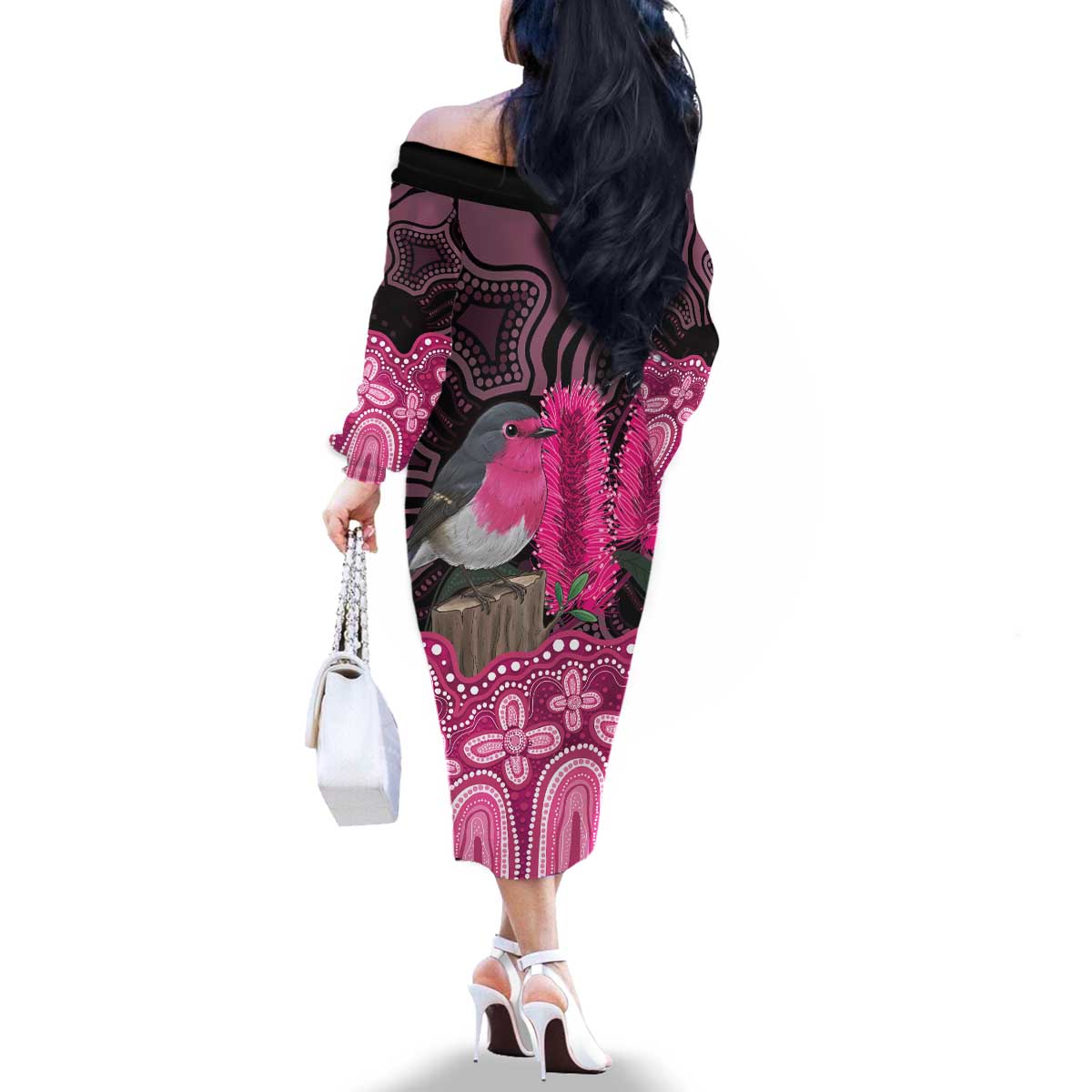 Australia Indigenous Family Matching Off The Shoulder Long Sleeve Dress and Hawaiian Shirt Breast Cancer Pink Robin Bottlebrush Aboriginal Art - Aussie Hoodie