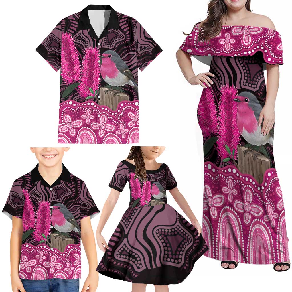 Australia Indigenous Family Matching Off Shoulder Maxi Dress and Hawaiian Shirt Breast Cancer Pink Robin Bottlebrush Aboriginal Art - Aussie Hoodie