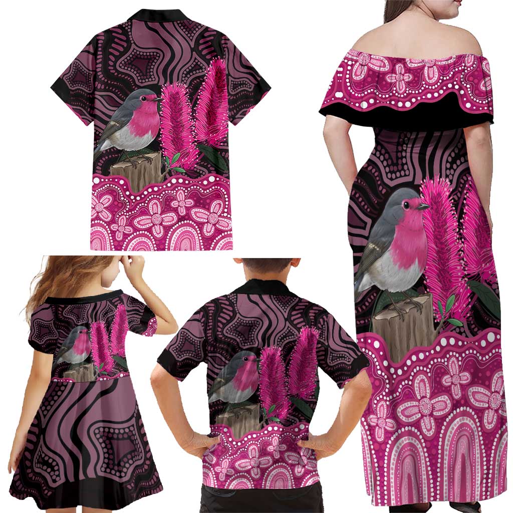 Australia Indigenous Family Matching Off Shoulder Maxi Dress and Hawaiian Shirt Breast Cancer Pink Robin Bottlebrush Aboriginal Art - Aussie Hoodie