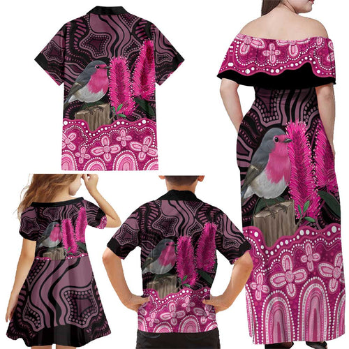 Australia Indigenous Family Matching Off Shoulder Maxi Dress and Hawaiian Shirt Breast Cancer Pink Robin Bottlebrush Aboriginal Art - Aussie Hoodie