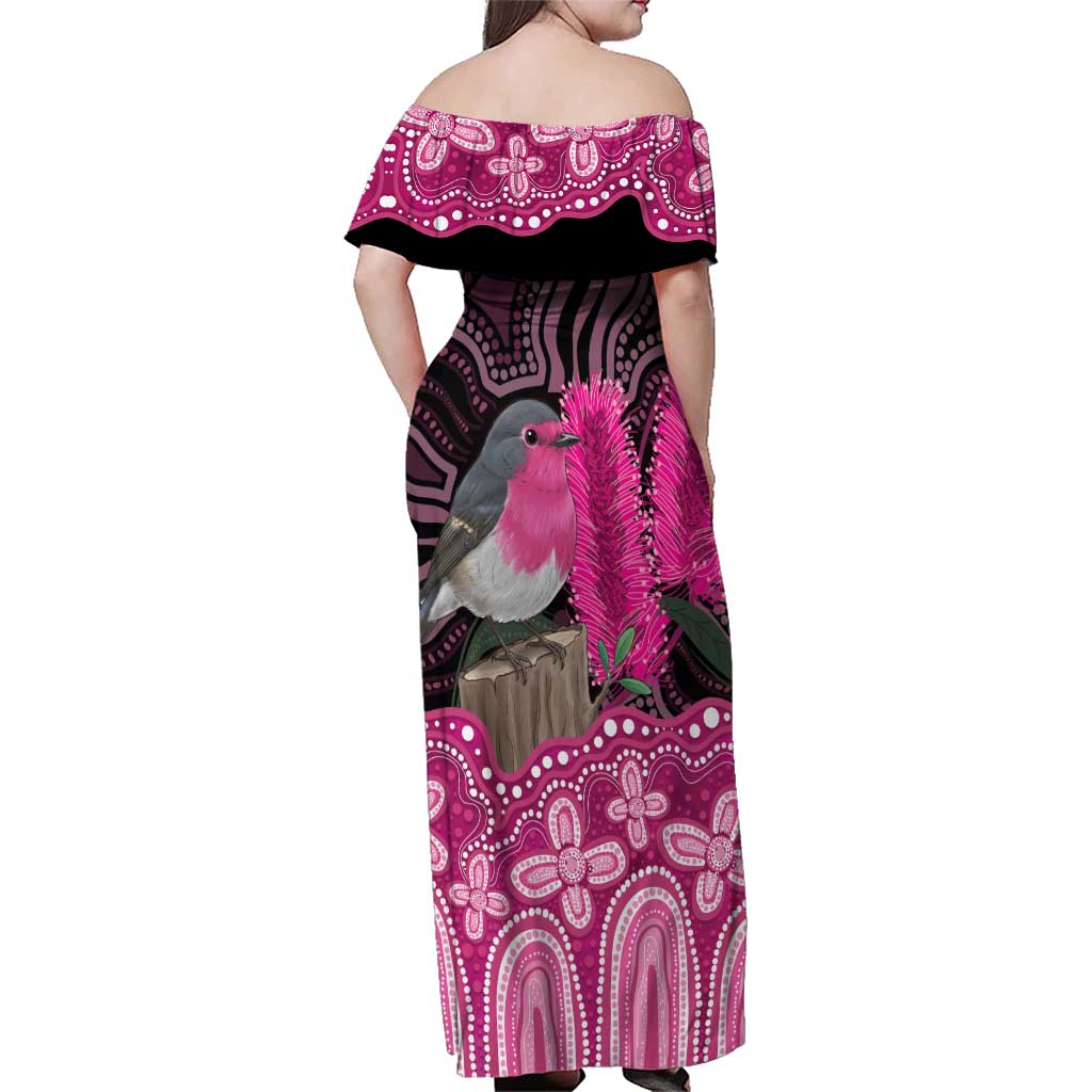 Australia Indigenous Family Matching Off Shoulder Maxi Dress and Hawaiian Shirt Breast Cancer Pink Robin Bottlebrush Aboriginal Art - Aussie Hoodie