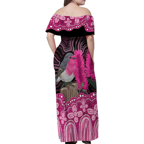 Australia Indigenous Family Matching Off Shoulder Maxi Dress and Hawaiian Shirt Breast Cancer Pink Robin Bottlebrush Aboriginal Art - Aussie Hoodie