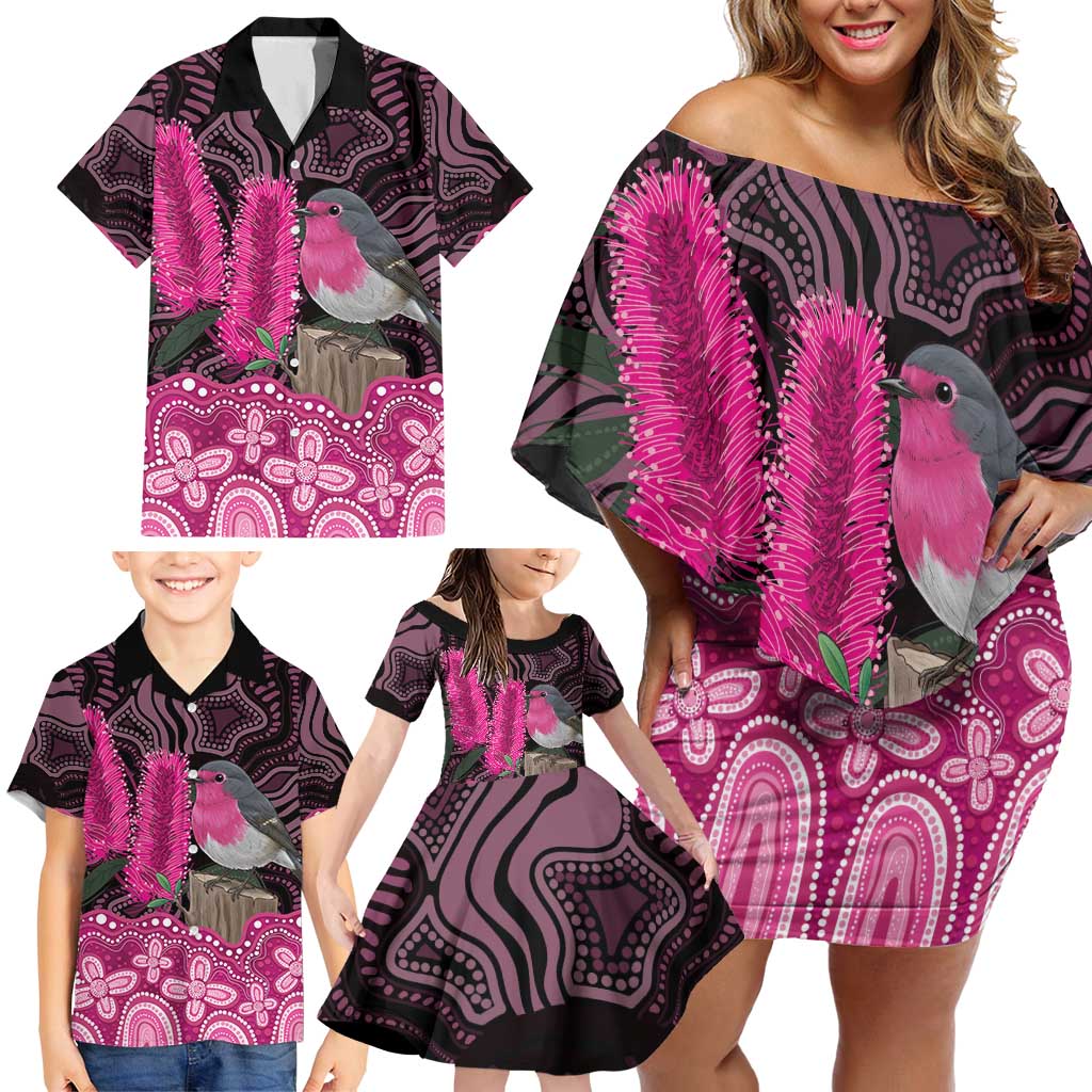 Australia Indigenous Family Matching Off Shoulder Short Dress and Hawaiian Shirt Breast Cancer Pink Robin Bottlebrush Aboriginal Art - Aussie Hoodie