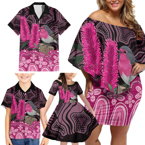 Australia Indigenous Family Matching Off Shoulder Short Dress and Hawaiian Shirt Breast Cancer Pink Robin Bottlebrush Aboriginal Art - Aussie Hoodie