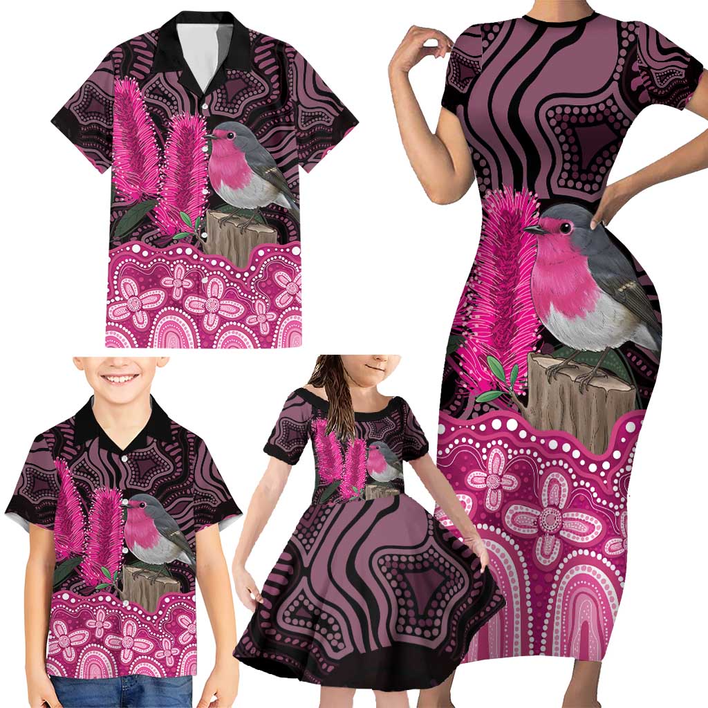 Australia Indigenous Family Matching Short Sleeve Bodycon Dress and Hawaiian Shirt Breast Cancer Pink Robin Bottlebrush Aboriginal Art - Aussie Hoodie