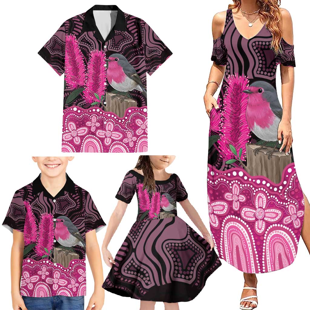 Australia Indigenous Family Matching Summer Maxi Dress and Hawaiian Shirt Breast Cancer Pink Robin Bottlebrush Aboriginal Art - Aussie Hoodie