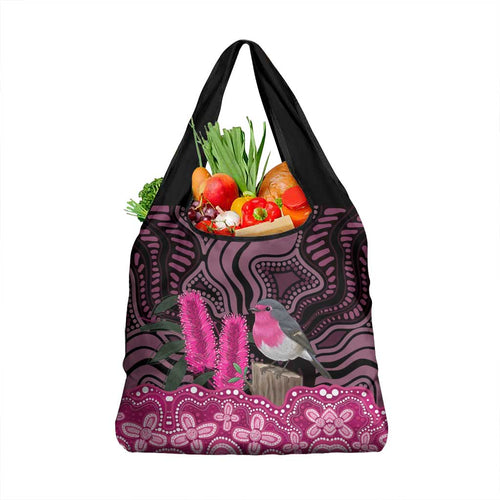 Australia Indigenous Grocery Bag Breast Cancer Pink Robin Bottlebrush Aboriginal Art - Aussie Hoodie