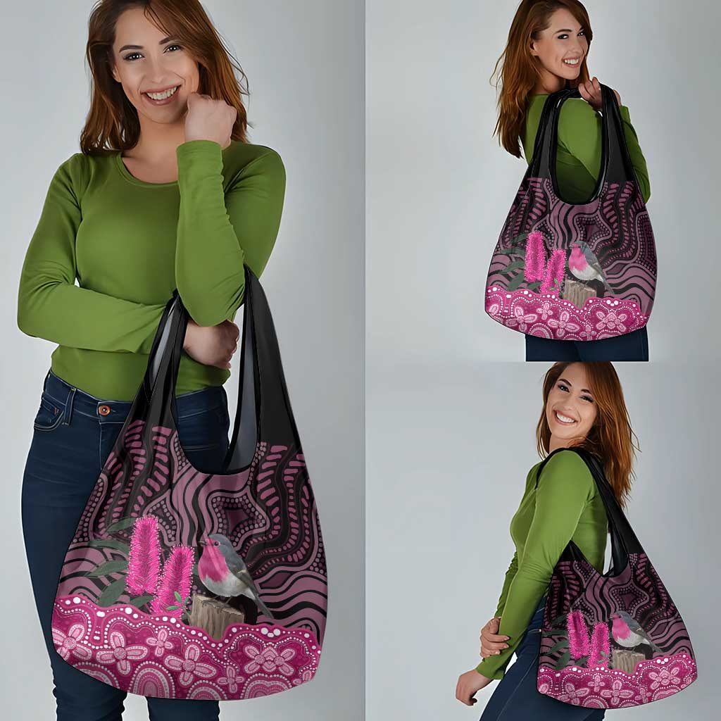 Australia Indigenous Grocery Bag Breast Cancer Pink Robin Bottlebrush Aboriginal Art - Aussie Hoodie