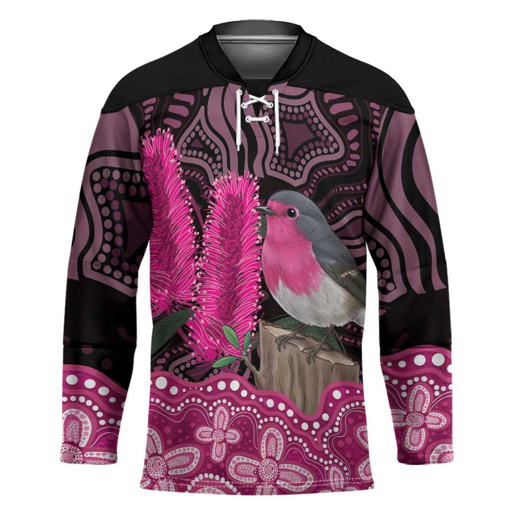 Australia Indigenous Hockey Jersey Breast Cancer Pink Robin Bottlebrush Aboriginal Art - Aussie Hoodie