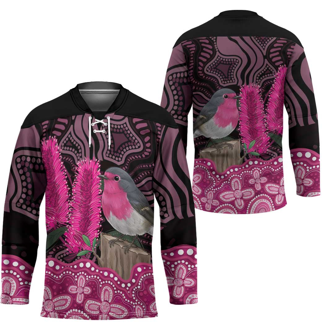 Australia Indigenous Hockey Jersey Breast Cancer Pink Robin Bottlebrush Aboriginal Art - Aussie Hoodie