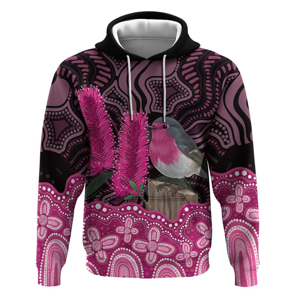 Australia Indigenous Hoodie Breast Cancer Pink Robin Bottlebrush Aboriginal Art - Aussie Hoodie