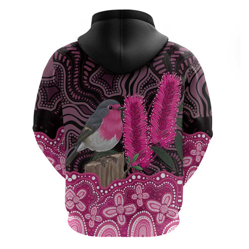Australia Indigenous Hoodie Breast Cancer Pink Robin Bottlebrush Aboriginal Art - Aussie Hoodie
