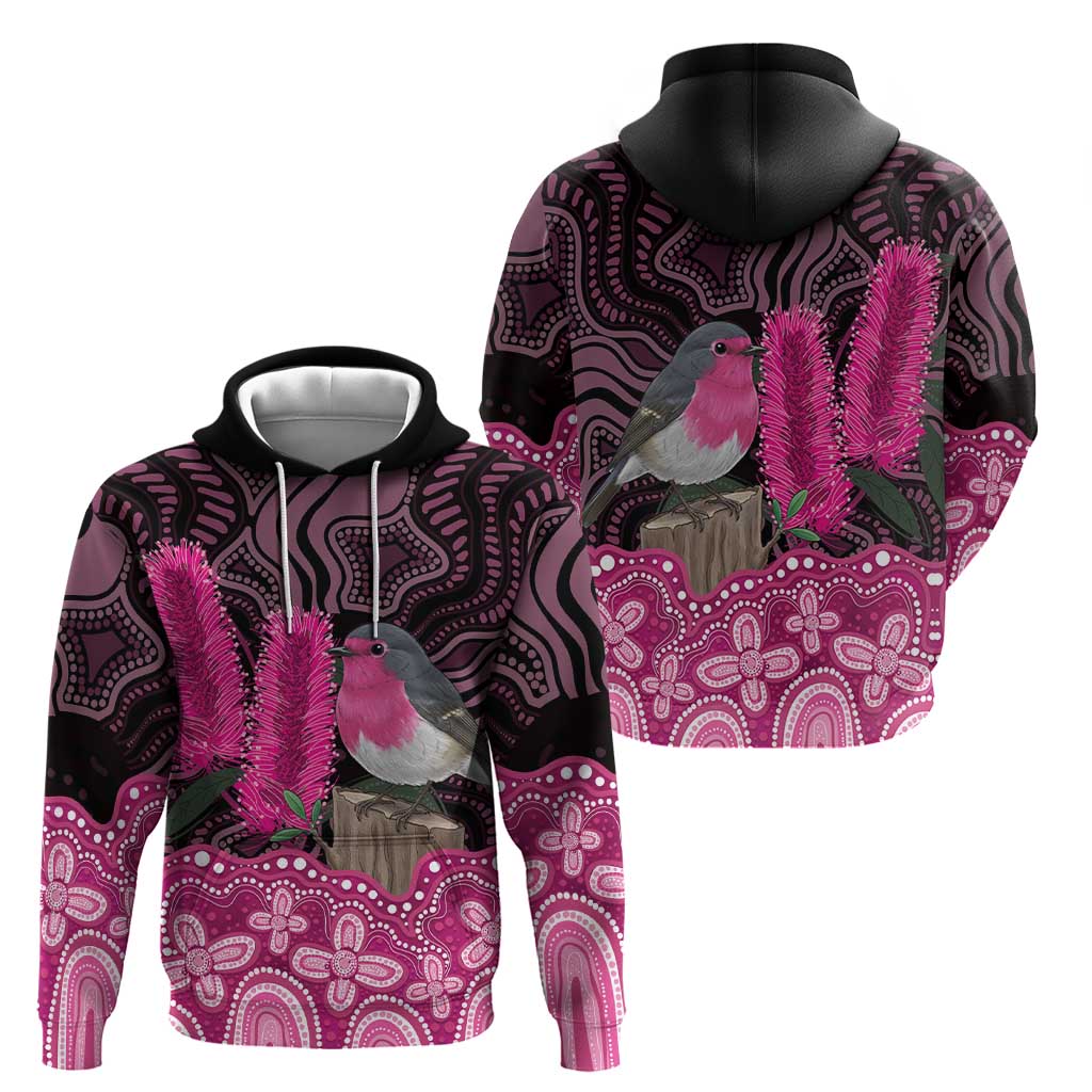 Australia Indigenous Hoodie Breast Cancer Pink Robin Bottlebrush Aboriginal Art - Aussie Hoodie