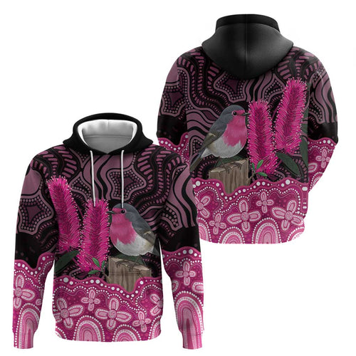 Australia Indigenous Hoodie Breast Cancer Pink Robin Bottlebrush Aboriginal Art - Aussie Hoodie