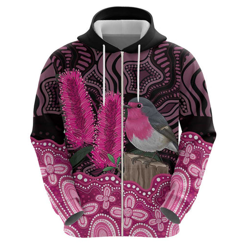 Australia Indigenous Hoodie Breast Cancer Pink Robin Bottlebrush Aboriginal Art - Aussie Hoodie
