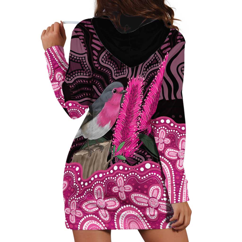 Australia Indigenous Hoodie Dress Breast Cancer Pink Robin Bottlebrush Aboriginal Art - Aussie Hoodie