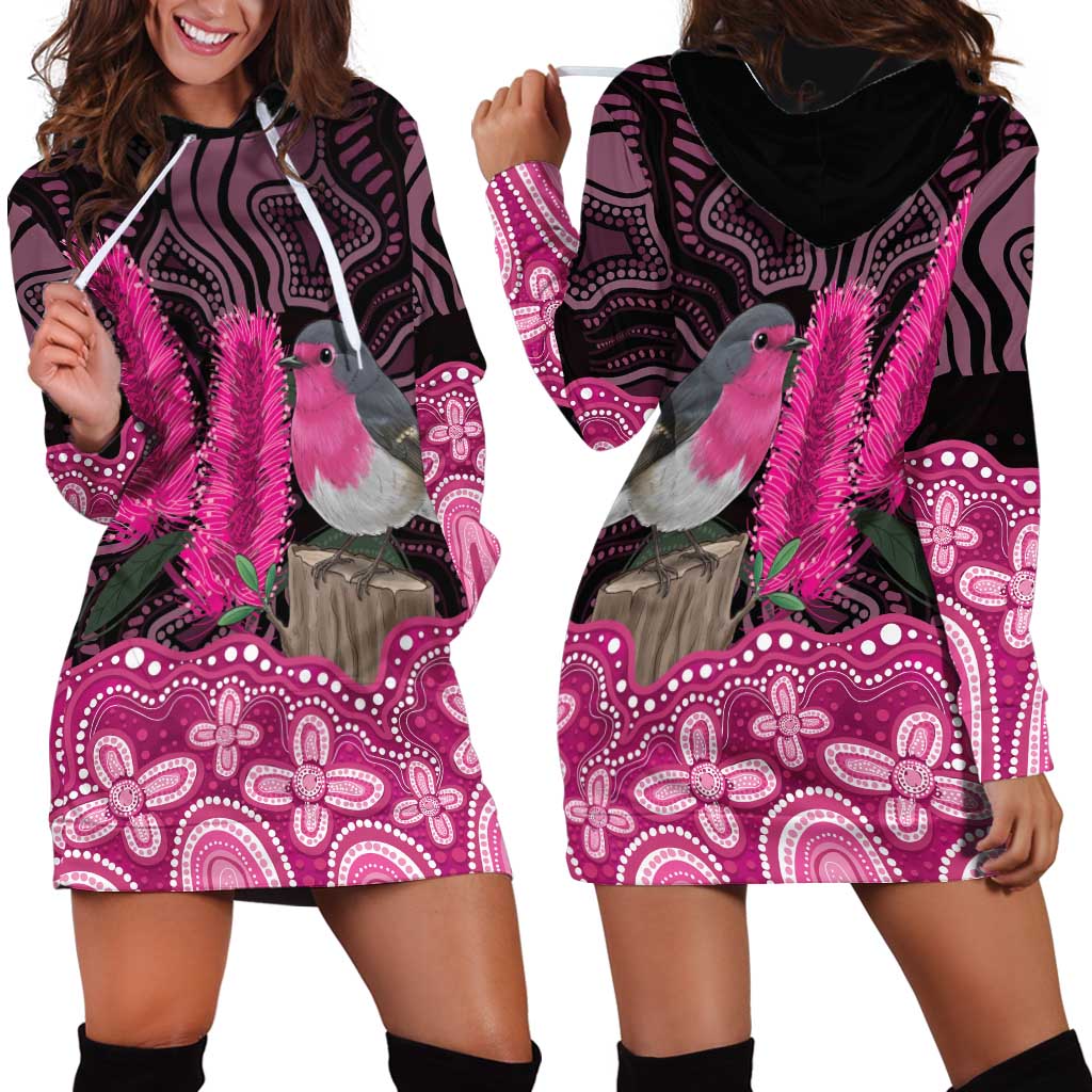 Australia Indigenous Hoodie Dress Breast Cancer Pink Robin Bottlebrush Aboriginal Art - Aussie Hoodie