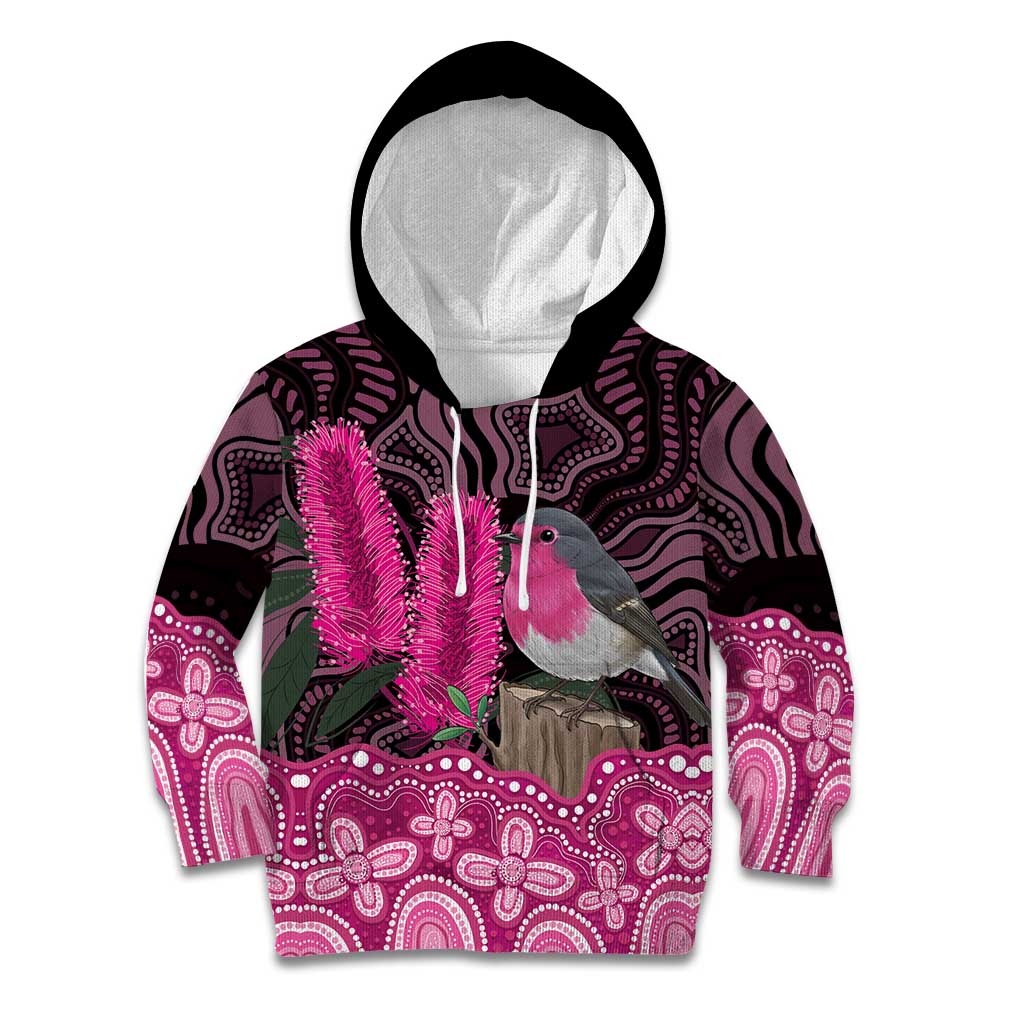 Australia Indigenous Kid Hoodie Breast Cancer Pink Robin Bottlebrush Aboriginal Art - Aussie Hoodie