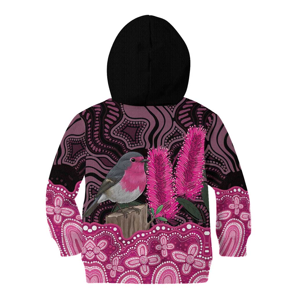 Australia Indigenous Kid Hoodie Breast Cancer Pink Robin Bottlebrush Aboriginal Art - Aussie Hoodie