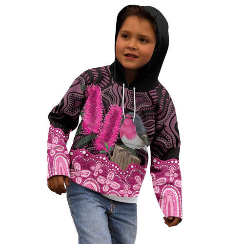 Australia Indigenous Kid Hoodie Breast Cancer Pink Robin Bottlebrush Aboriginal Art - Aussie Hoodie