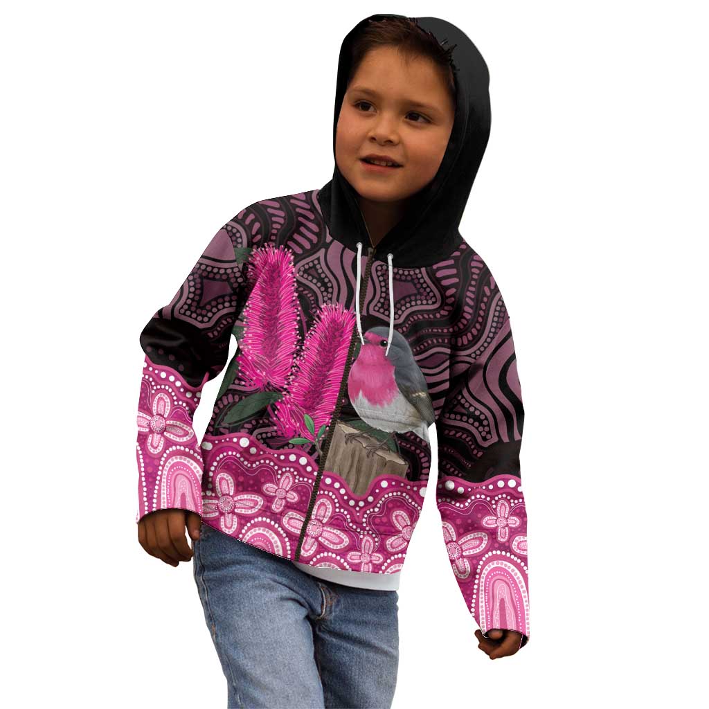 Australia Indigenous Kid Hoodie Breast Cancer Pink Robin Bottlebrush Aboriginal Art - Aussie Hoodie