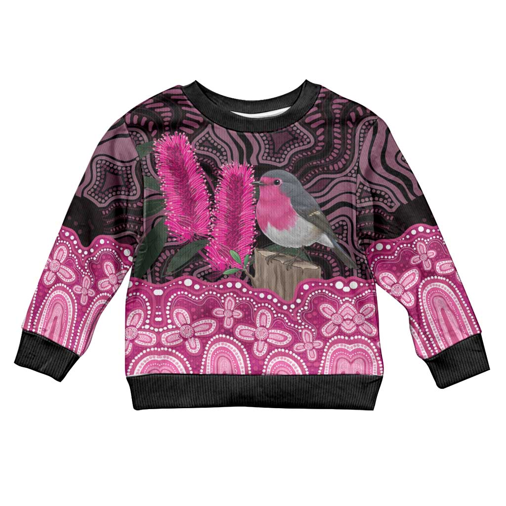 Australia Indigenous Kid Ugly Christmas Sweater Breast Cancer Pink Robin Bottlebrush Aboriginal Art - Aussie Hoodie