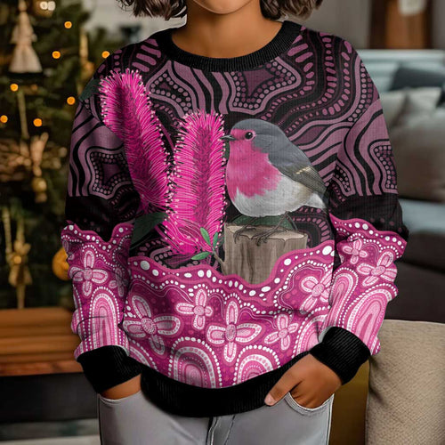 Australia Indigenous Kid Ugly Christmas Sweater Breast Cancer Pink Robin Bottlebrush Aboriginal Art - Aussie Hoodie