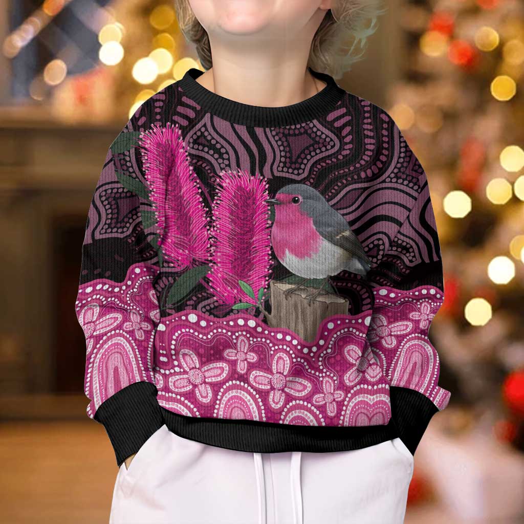 Australia Indigenous Kid Ugly Christmas Sweater Breast Cancer Pink Robin Bottlebrush Aboriginal Art - Aussie Hoodie