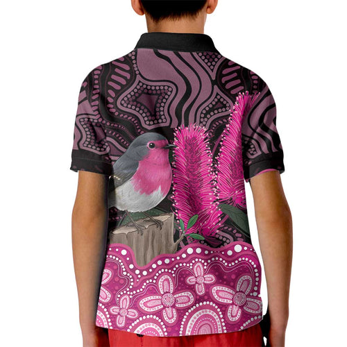 Australia Indigenous Kid Polo Shirt Breast Cancer Pink Robin Bottlebrush Aboriginal Art - Aussie Hoodie