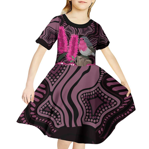 Australia Indigenous Kid Short Sleeve Dress Breast Cancer Pink Robin Bottlebrush Aboriginal Art - Aussie Hoodie