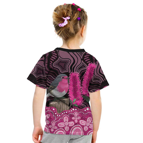 Australia Indigenous Kid T Shirt Breast Cancer Pink Robin Bottlebrush Aboriginal Art - Aussie Hoodie