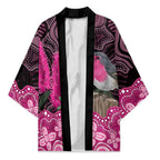 Australia Indigenous Kimono Breast Cancer Pink Robin Bottlebrush Aboriginal Art - Aussie Hoodie