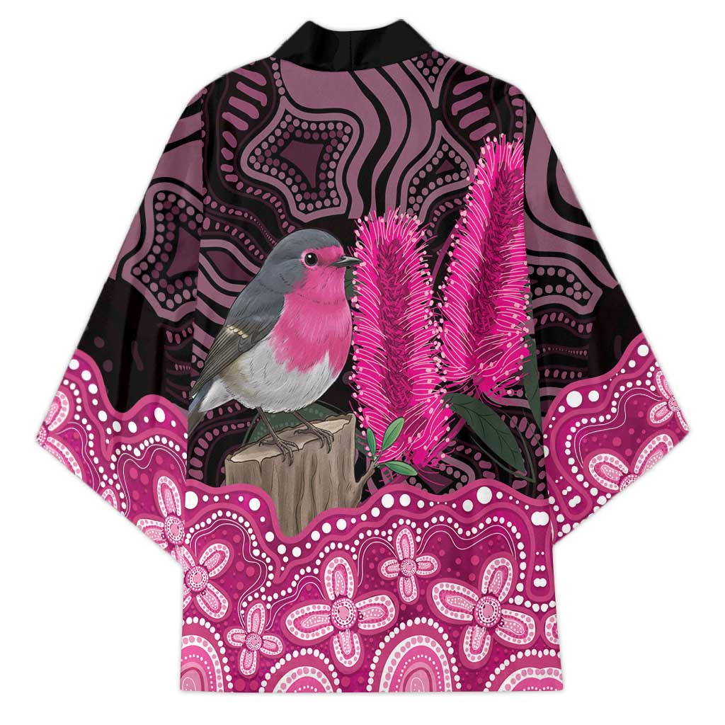 Australia Indigenous Kimono Breast Cancer Pink Robin Bottlebrush Aboriginal Art - Aussie Hoodie