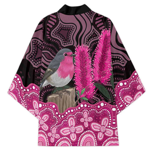 Australia Indigenous Kimono Breast Cancer Pink Robin Bottlebrush Aboriginal Art - Aussie Hoodie