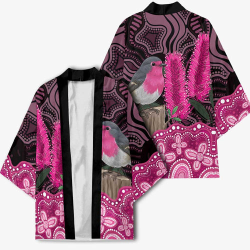 Australia Indigenous Kimono Breast Cancer Pink Robin Bottlebrush Aboriginal Art - Aussie Hoodie