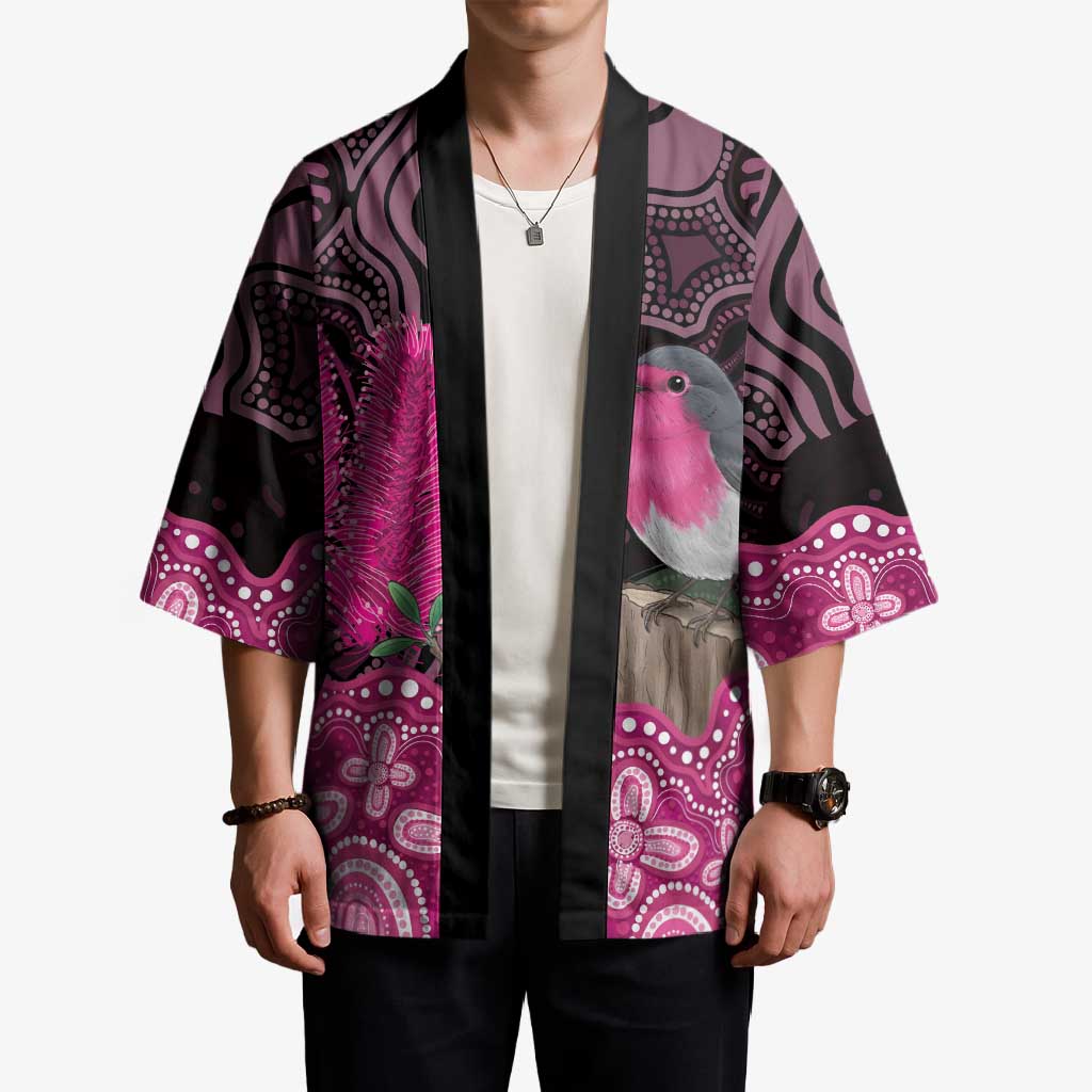 Australia Indigenous Kimono Breast Cancer Pink Robin Bottlebrush Aboriginal Art - Aussie Hoodie