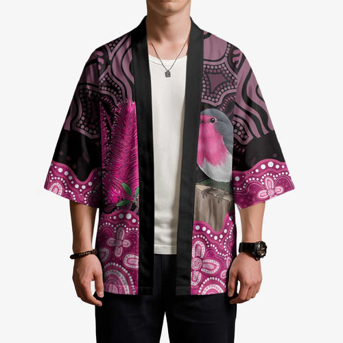 Australia Indigenous Kimono Breast Cancer Pink Robin Bottlebrush Aboriginal Art - Aussie Hoodie